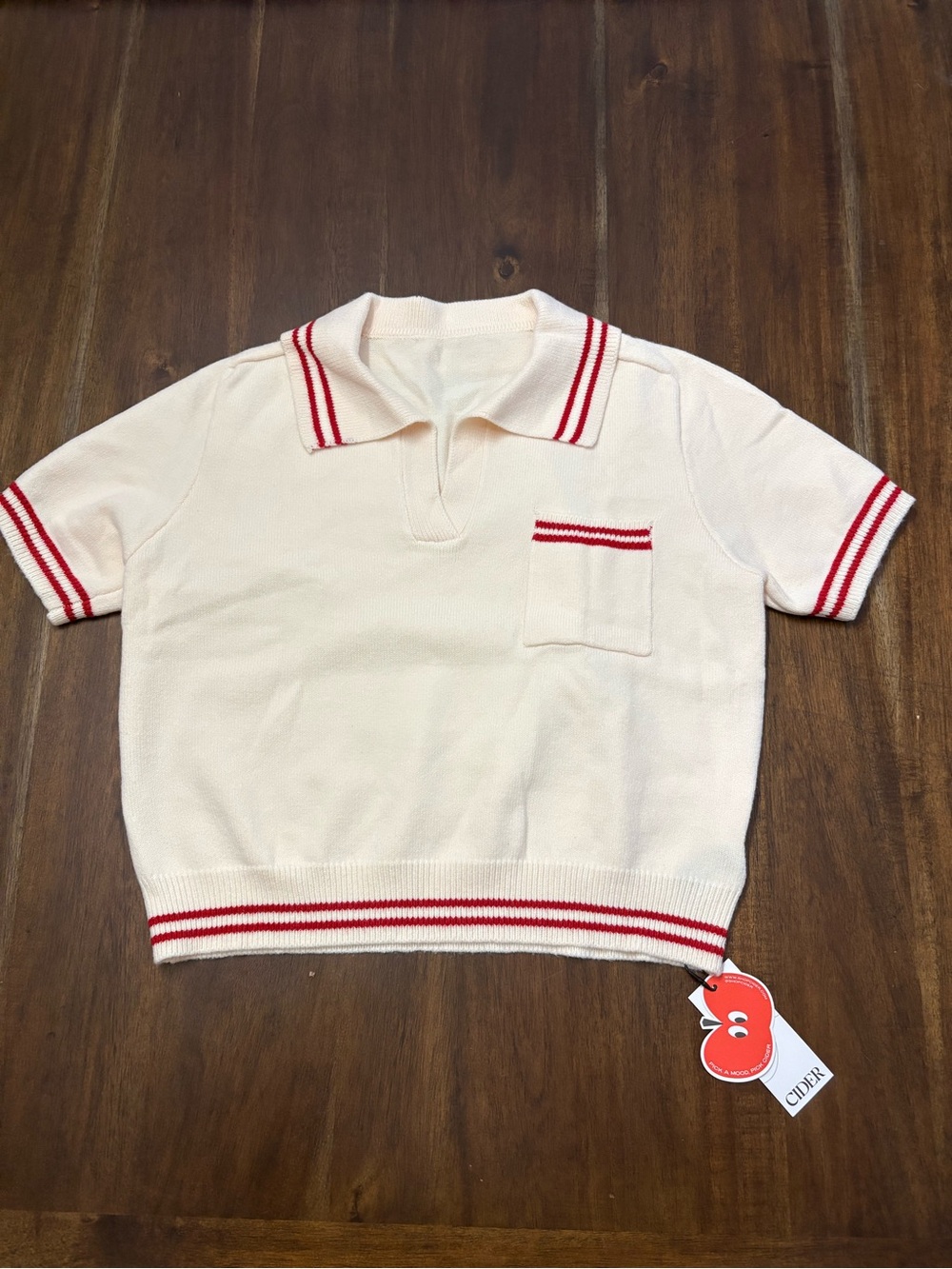 Cider Women’s Cream Short-Sleeve Polo Sweater with Red Trim